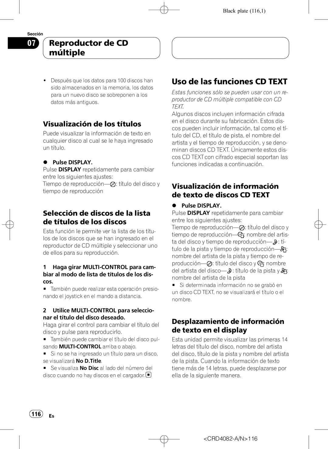 Pioneer DEH-P80RS operation manual Selección de discos de la lista de títulos de los discos, 116 Es, CRD4082-A/N116 