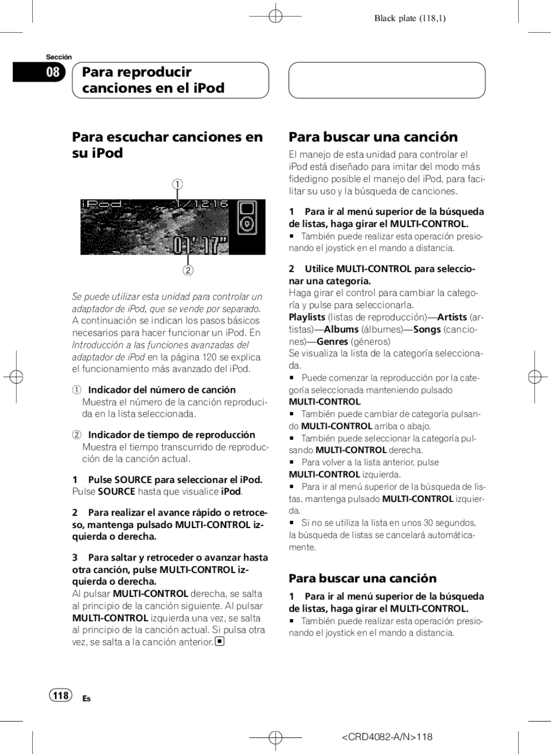 Pioneer DEH-P80RS operation manual Para buscar una canción, 118 Es, CRD4082-A/N118 