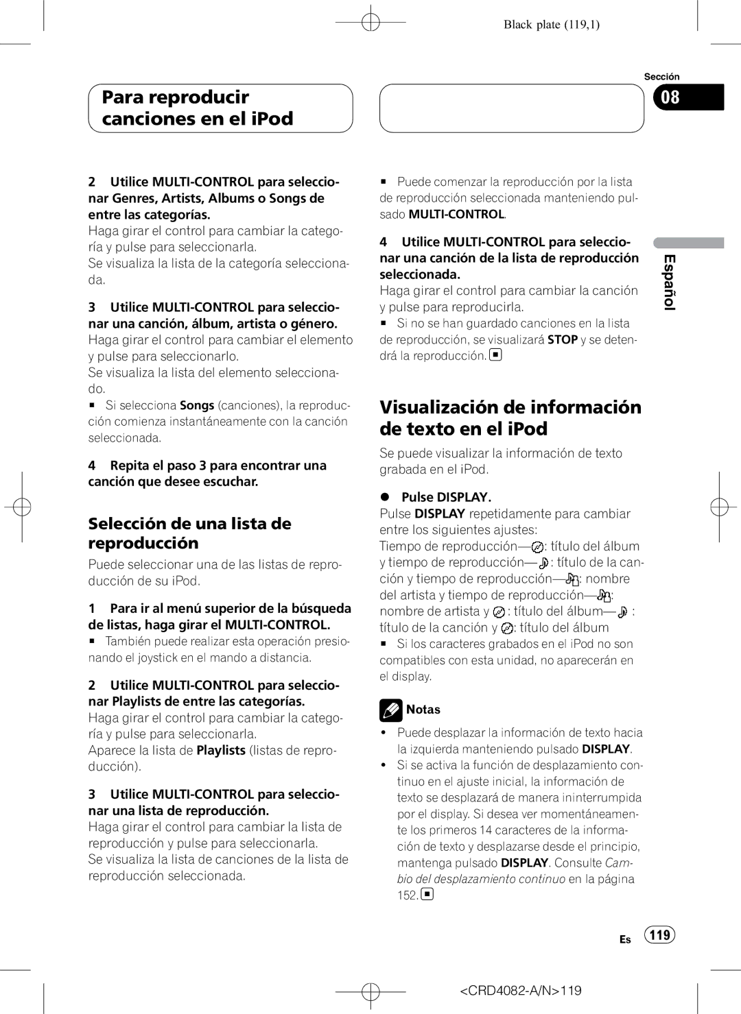 Pioneer DEH-P80RS Para reproducir canciones en el iPod, Visualización de información de texto en el iPod, Seleccionada 