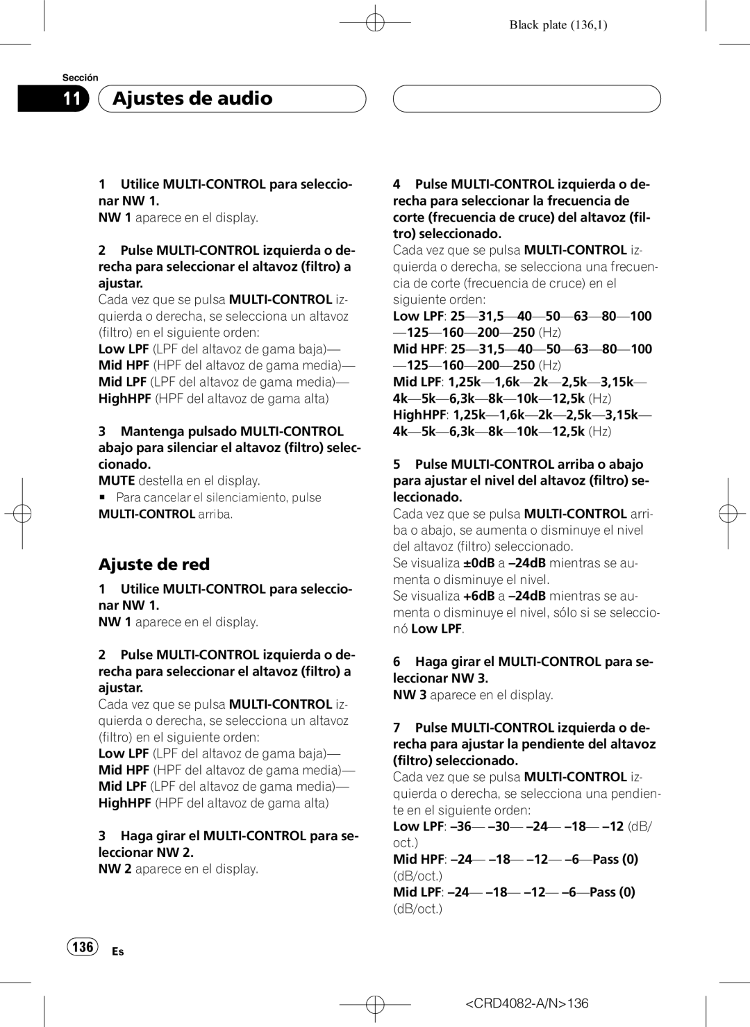 Pioneer DEH-P80RS operation manual Ajuste de red, 136 Es 