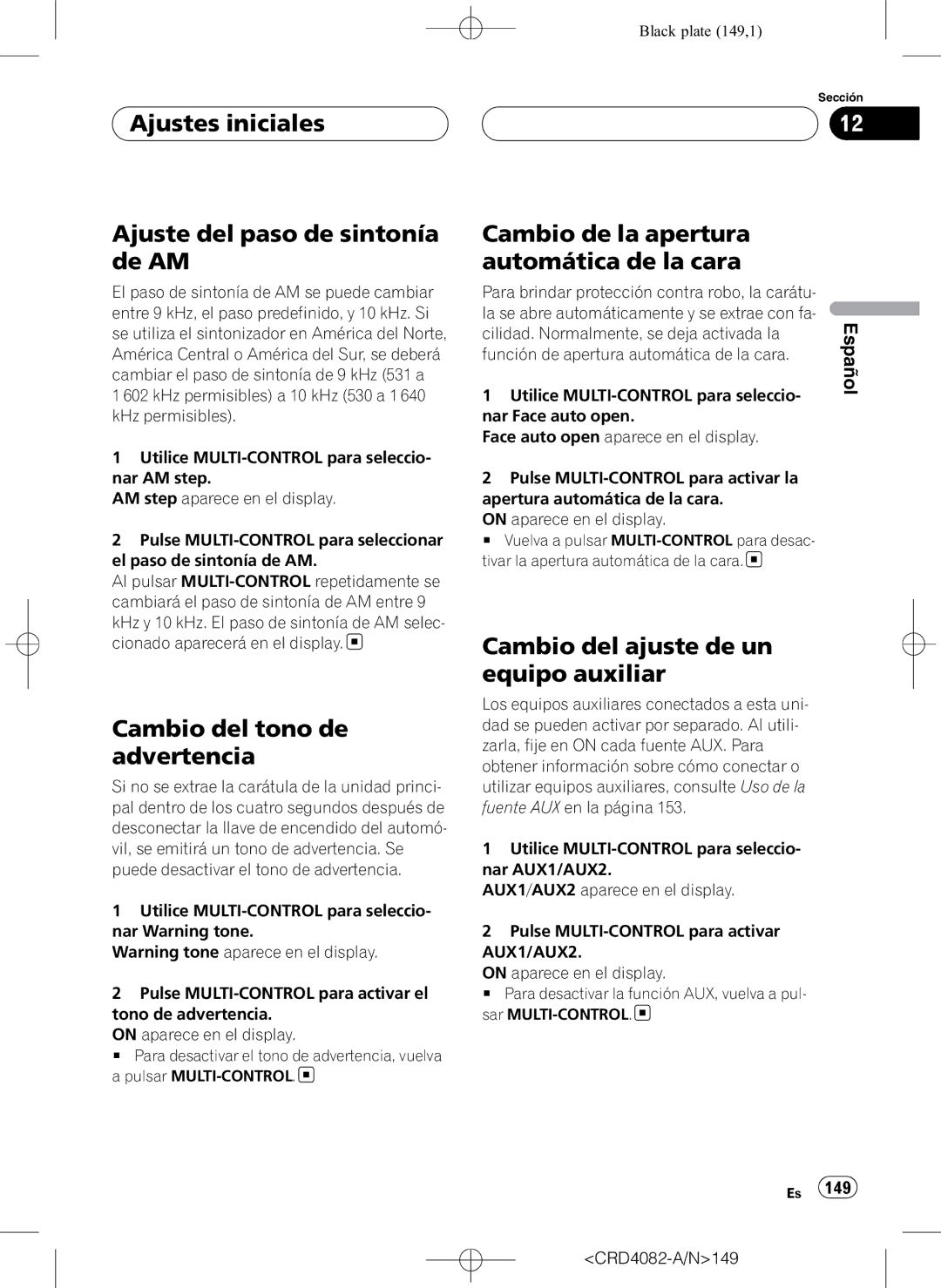 Pioneer DEH-P80RS operation manual Ajustes iniciales Ajuste del paso de sintonía de AM, Cambio del tono de advertencia 