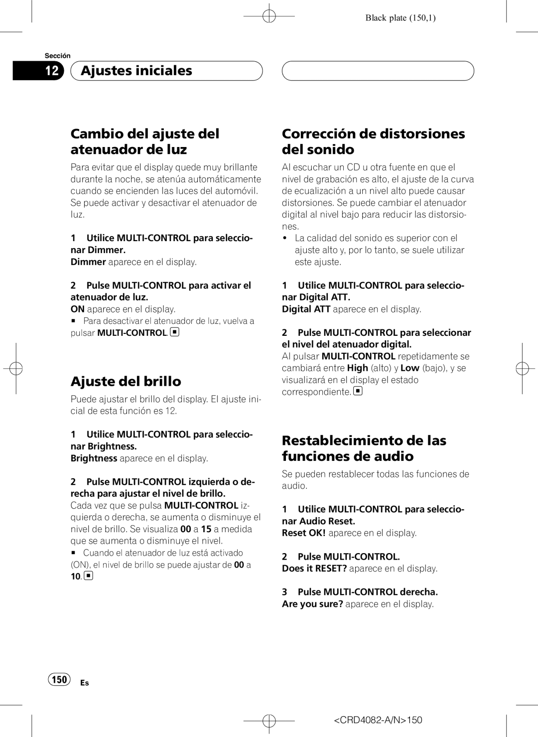 Pioneer DEH-P80RS operation manual Ajustes iniciales Cambio del ajuste del atenuador de luz, Ajuste del brillo, 150 Es 