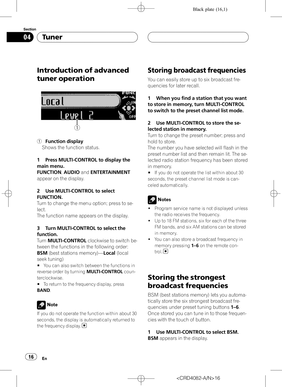 Pioneer DEH-P80RS Tuner Introduction of advanced tuner operation, Storing broadcast frequencies, CRD4082-A/N16 