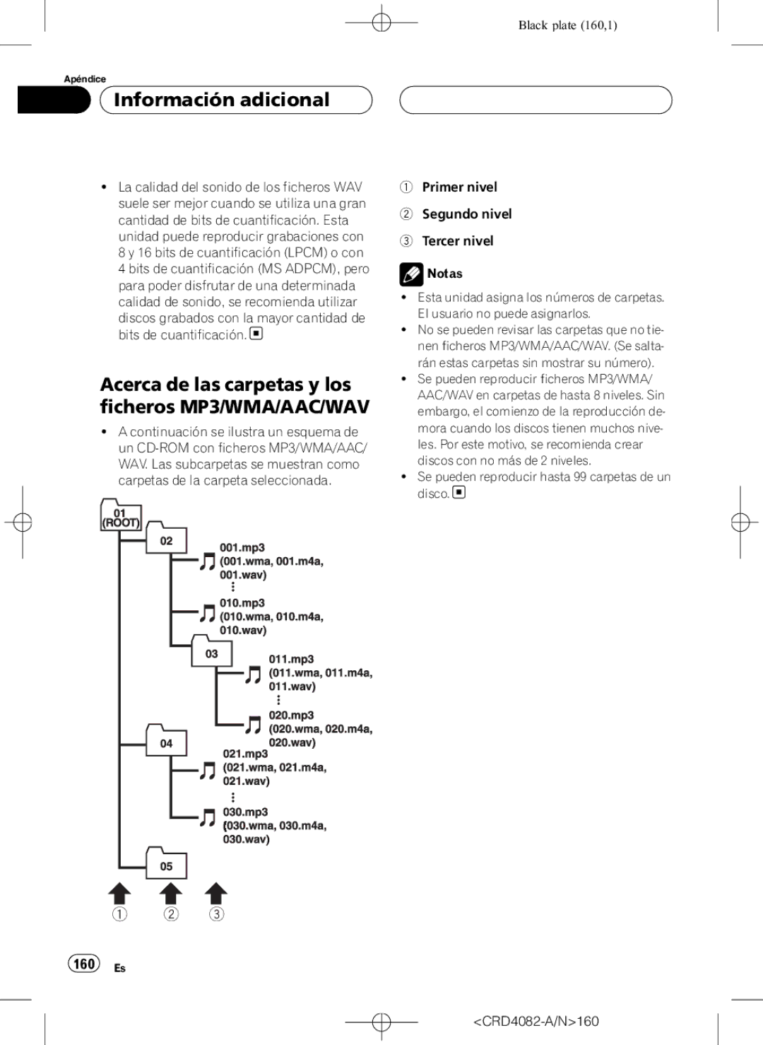 Pioneer DEH-P80RS operation manual Acerca de las carpetas y los ficheros MP3/WMA/AAC/WAV, 160 Es 