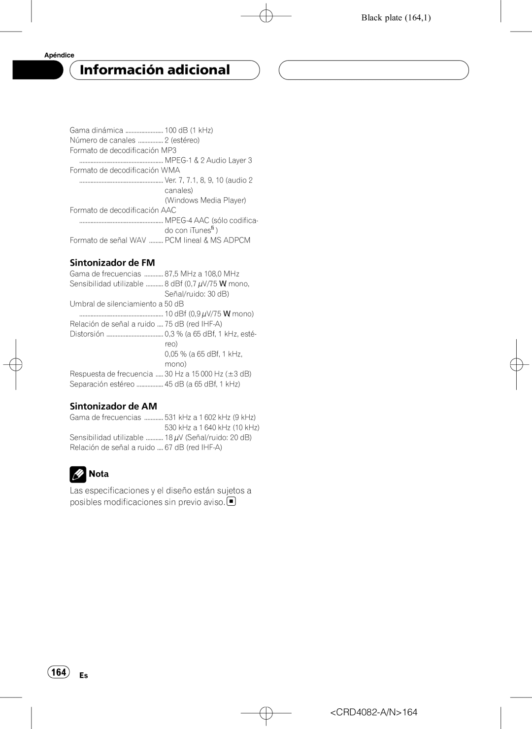 Pioneer DEH-P80RS operation manual 164 Es, Sintonizador de FM, Sintonizador de AM, CRD4082-A/N164 