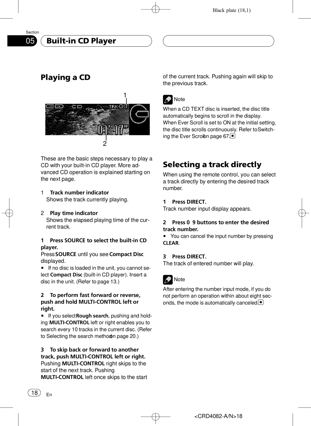 Pioneer DEH-P80RS operation manual Built-in CD Player Playing a CD, Selecting a track directly, CRD4082-A/N18 