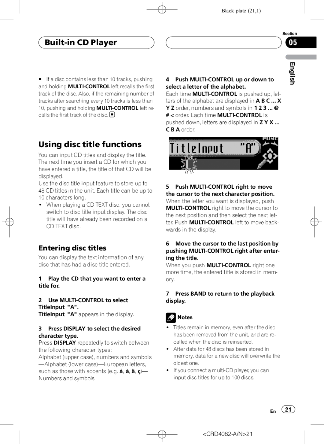 Pioneer DEH-P80RS operation manual Built-in CD Player, Using disc title functions, Entering disc titles 