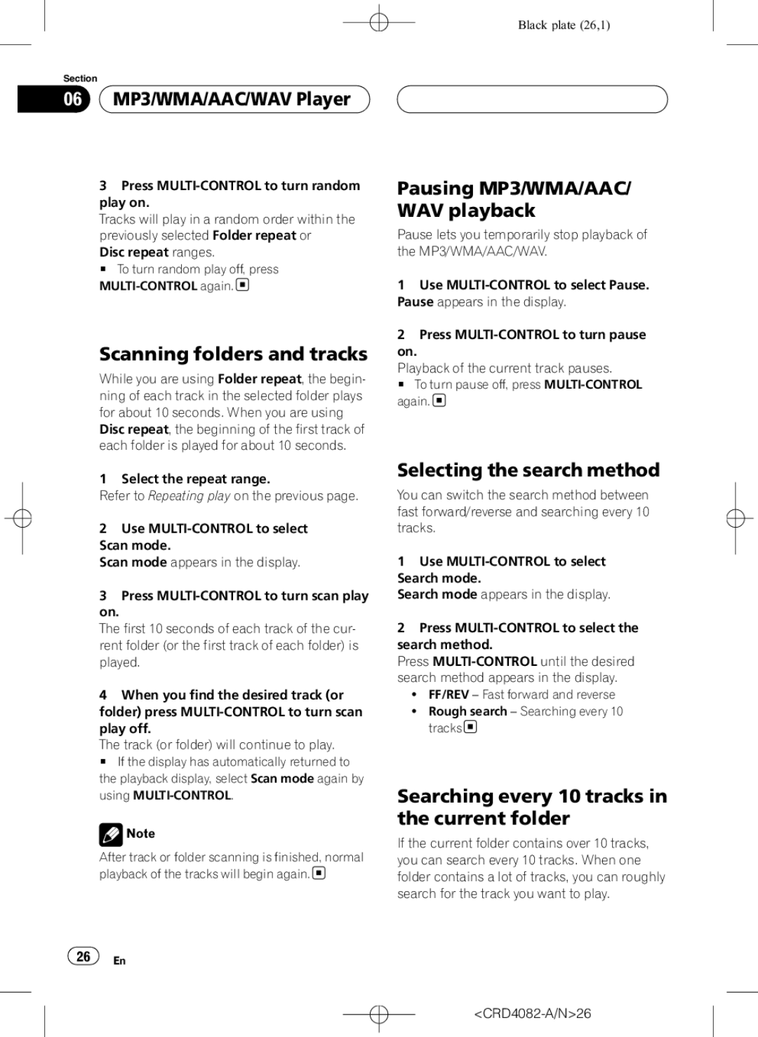 Pioneer DEH-P80RS operation manual Scanning folders and tracks, Pausing MP3/WMA/AAC/ WAV playback, CRD4082-A/N26 