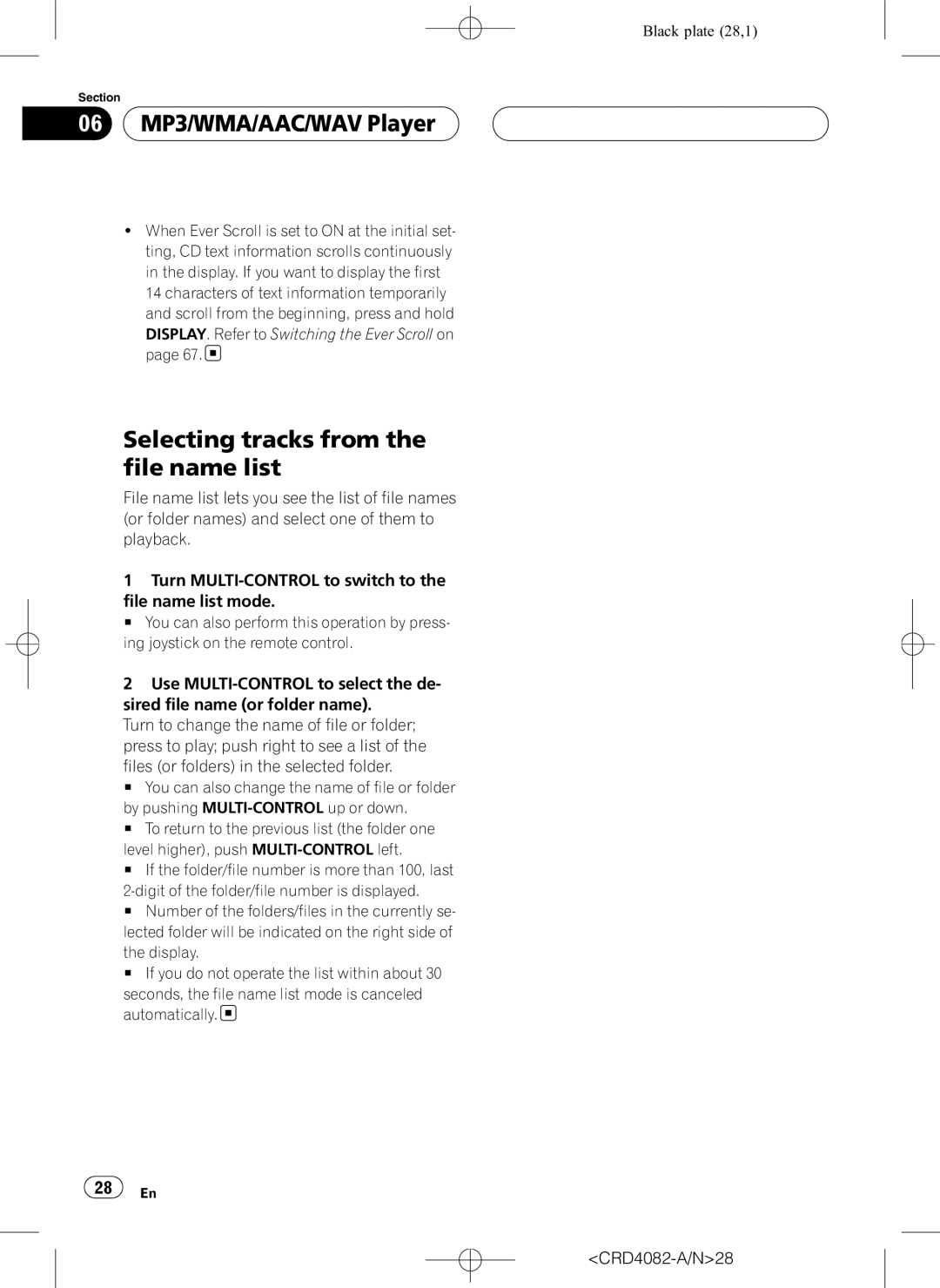 Pioneer DEH-P80RS Selecting tracks from the file name list, DISPLAY. Refer to Switching the Ever Scroll on, CRD4082-A/N28 