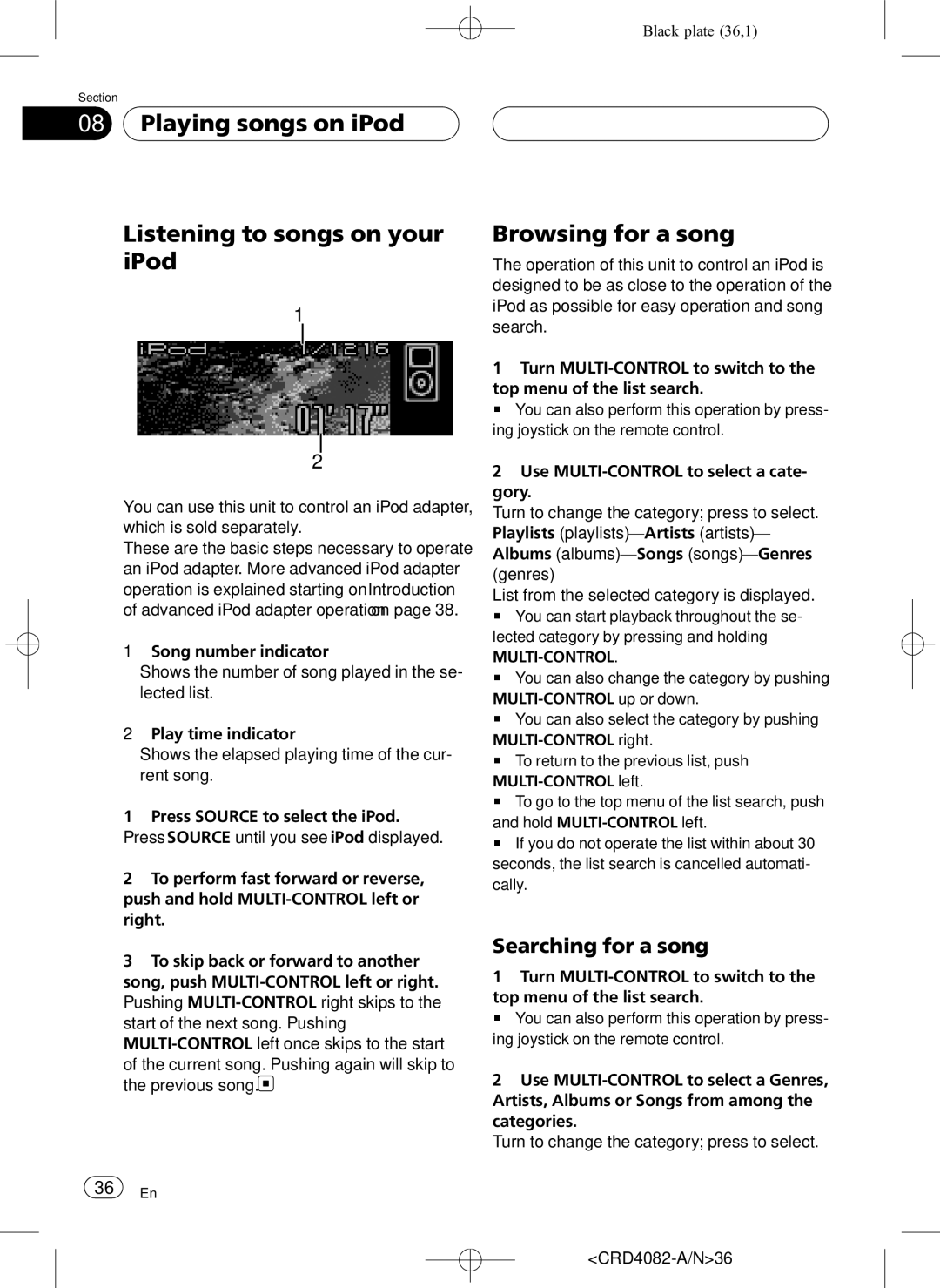 Pioneer DEH-P80RS Playing songs on iPod Listening to songs on your iPod, Browsing for a song, Searching for a song 