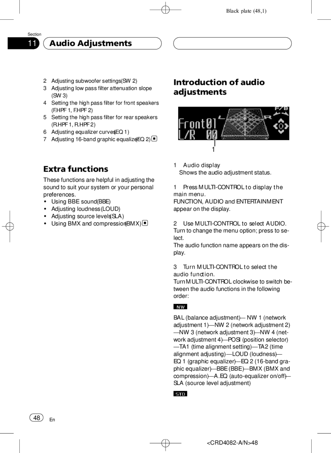 Pioneer DEH-P80RS operation manual Audio Adjustments, Extra functions, Introduction of audio adjustments 