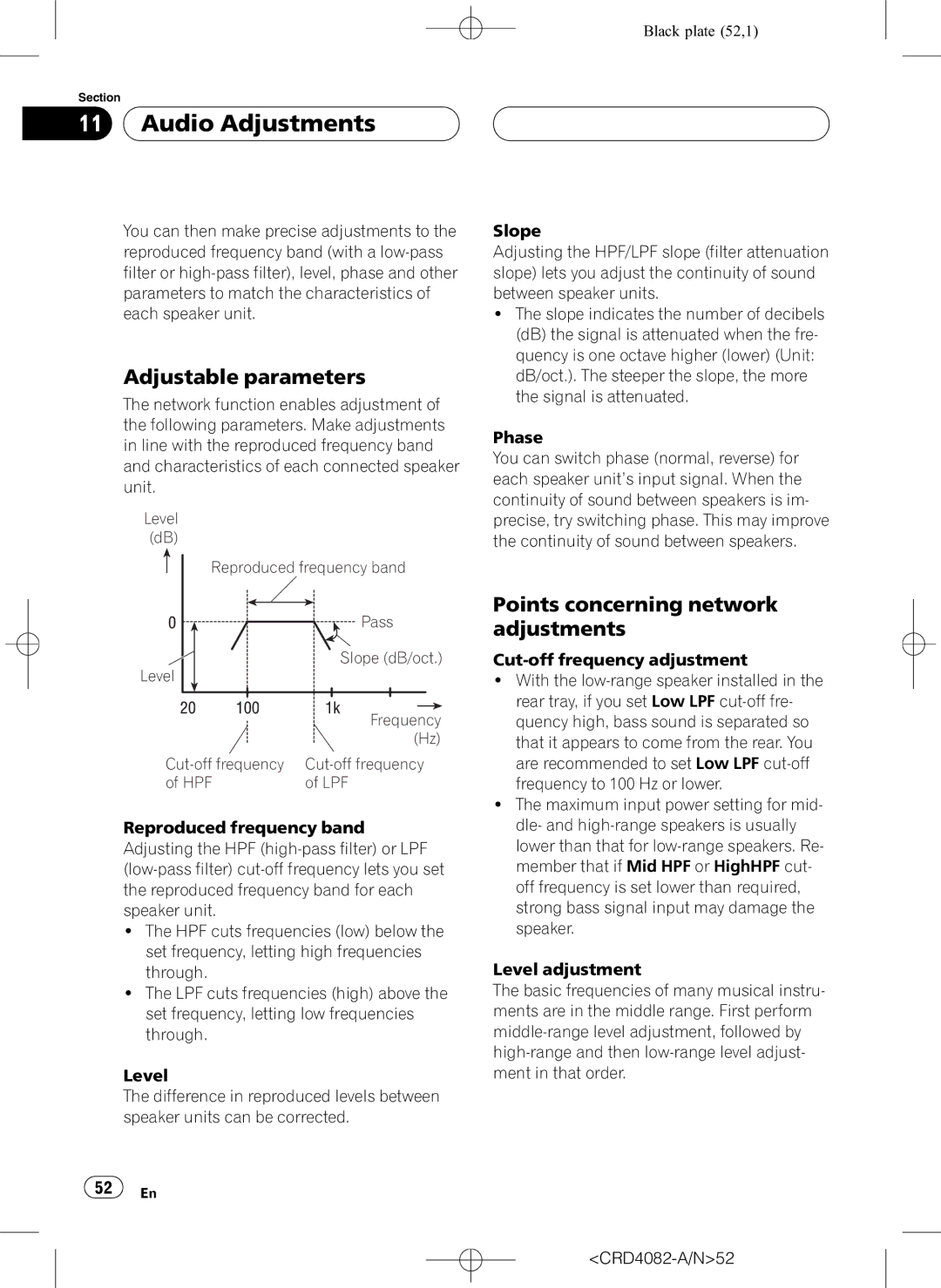 Pioneer DEH-P80RS operation manual Adjustable parameters, Points concerning network adjustments, CRD4082-A/N52 