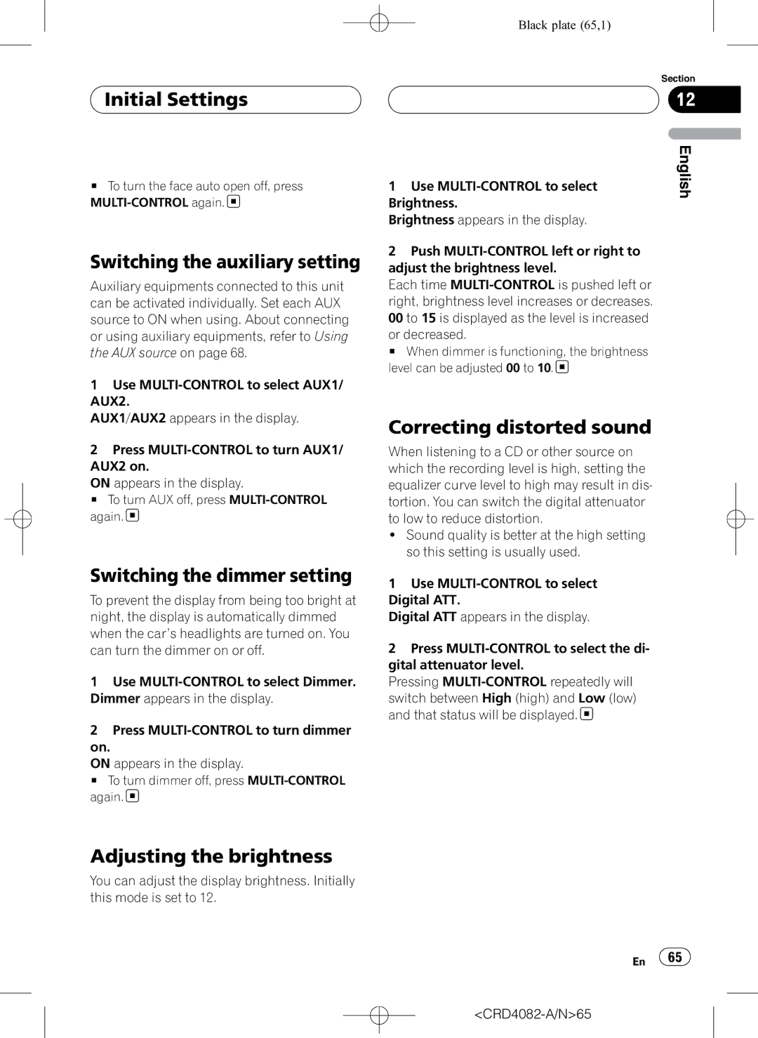 Pioneer DEH-P80RS Switching the auxiliary setting, Switching the dimmer setting, Correcting distorted sound 