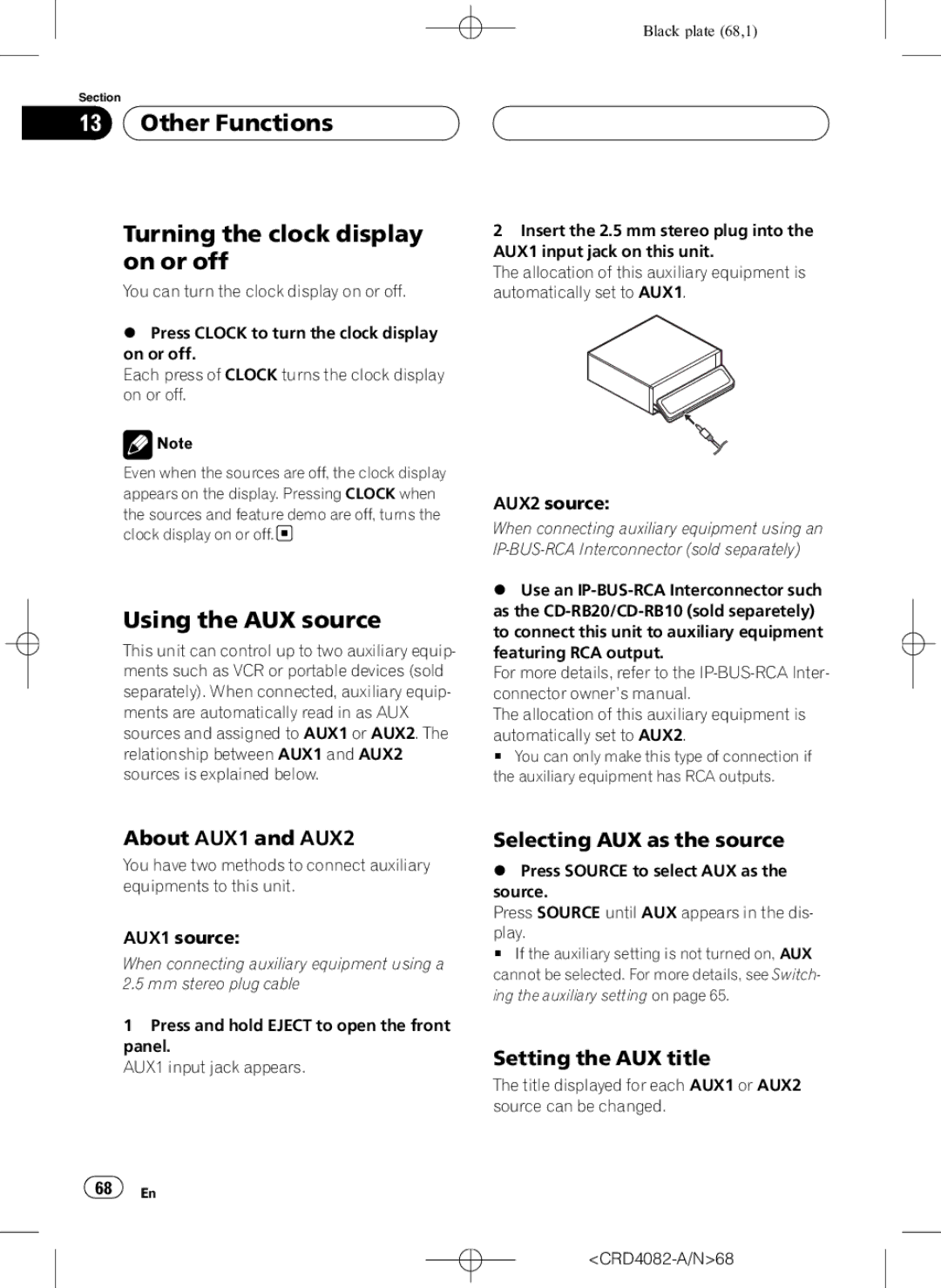 Pioneer DEH-P80RS Other Functions Turning the clock display on or off, Using the AUX source, About AUX1 and AUX2 