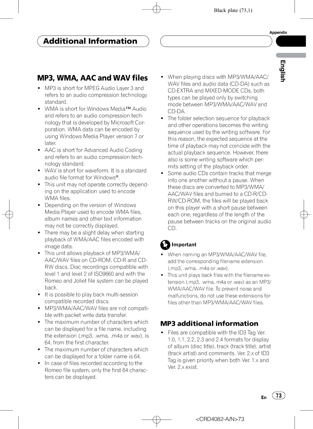 Pioneer DEH-P80RS operation manual Additional Information MP3, WMA, AAC and WAV files, MP3 additional information 