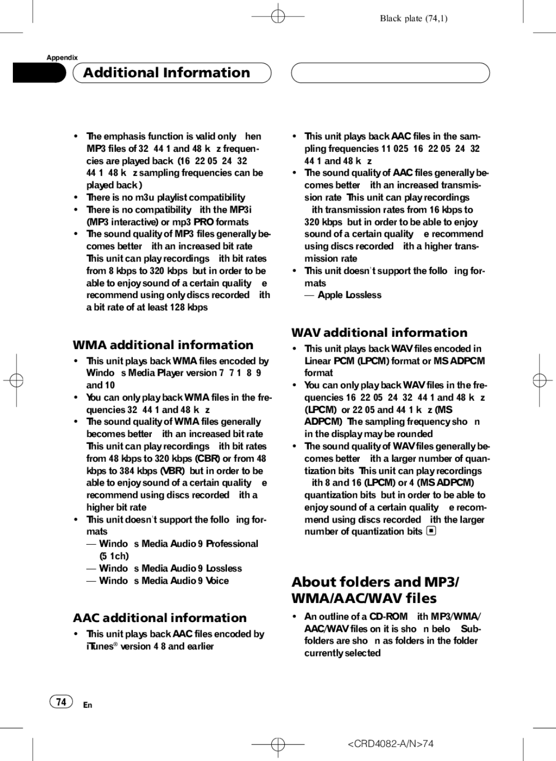 Pioneer DEH-P80RS Additional Information, About folders and MP3/ WMA/AAC/WAV files, WMA additional information 