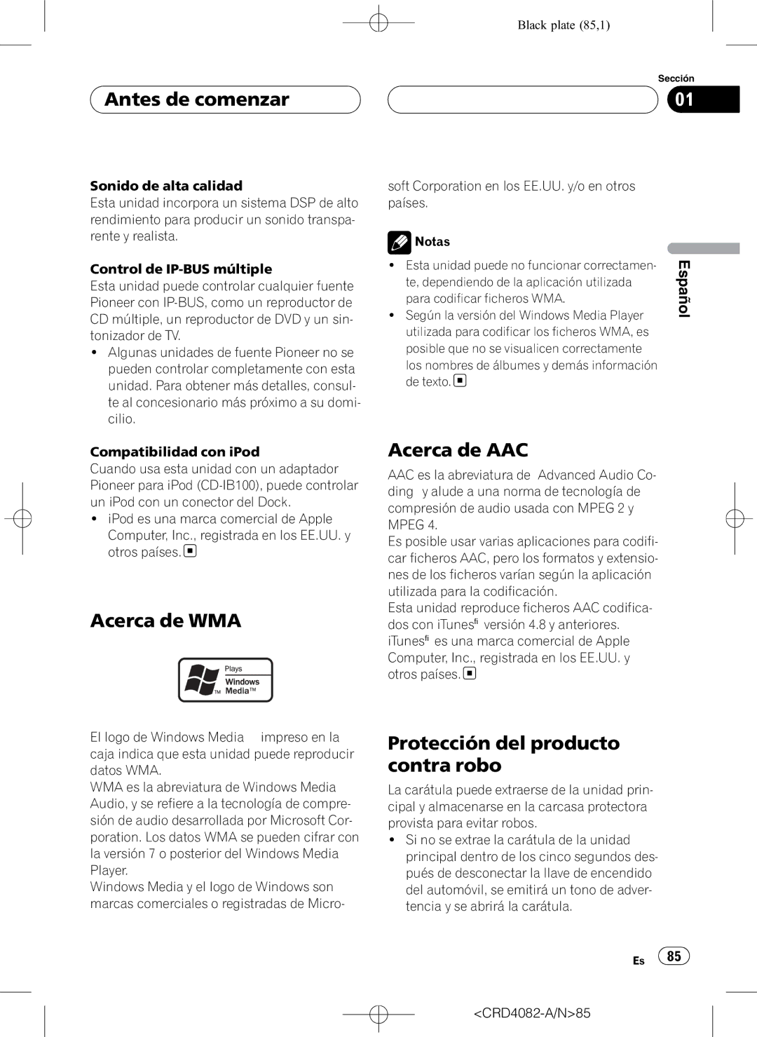 Pioneer DEH-P80RS operation manual Antes de comenzar, Acerca de WMA, Acerca de AAC, Protección del producto contra robo 