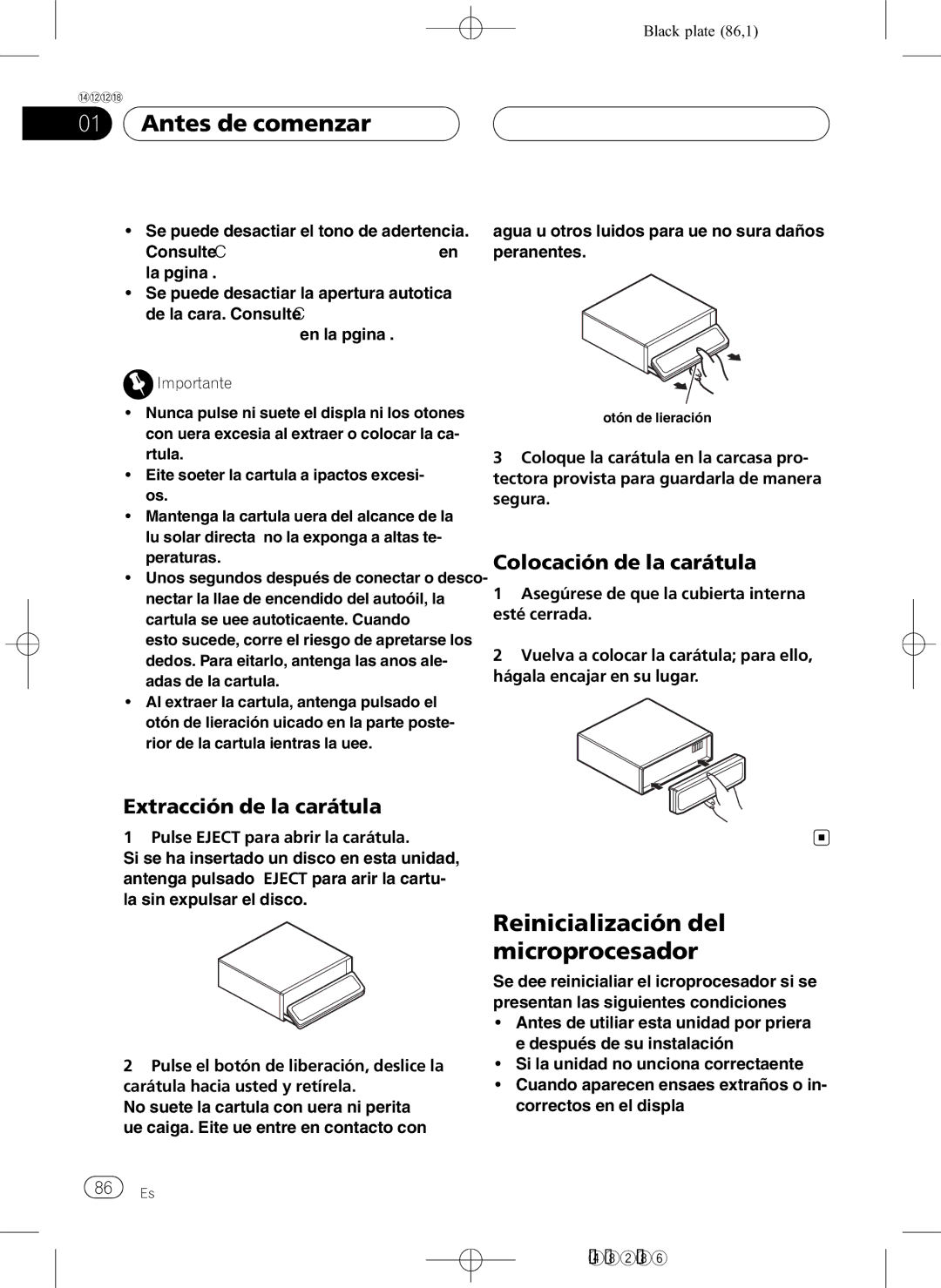 Pioneer DEH-P80RS Reinicialización del microprocesador, Extracción de la carátula, Colocación de la carátula 