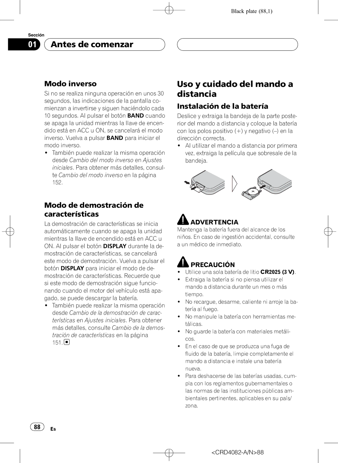 Pioneer DEH-P80RS operation manual Uso y cuidado del mando a distancia, Modo inverso, Instalación de la batería 