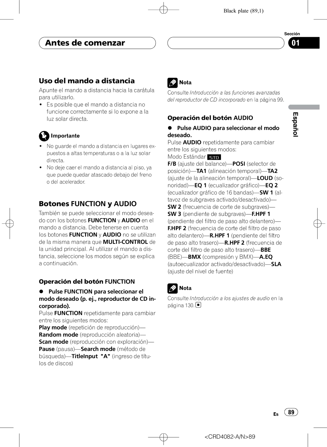 Pioneer DEH-P80RS operation manual Uso del mando a distancia, Botones Function y Audio, Operación del botón Function 