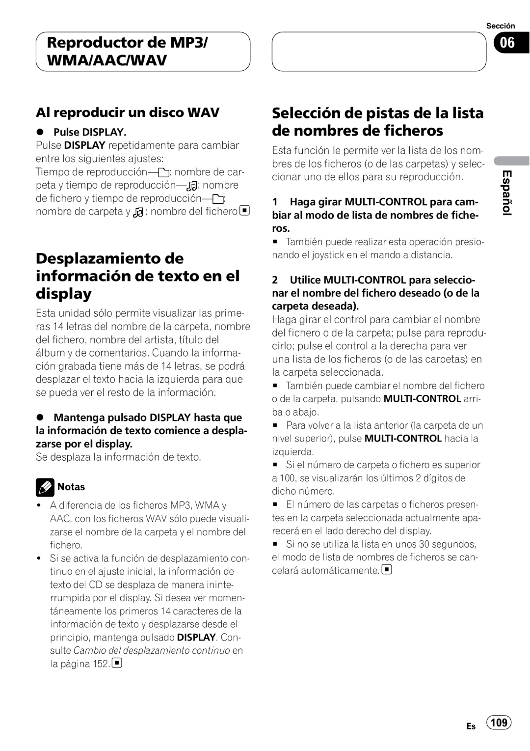 Pioneer DEH-P80RS operation manual Desplazamiento de información de texto en el display, Al reproducir un disco WAV 