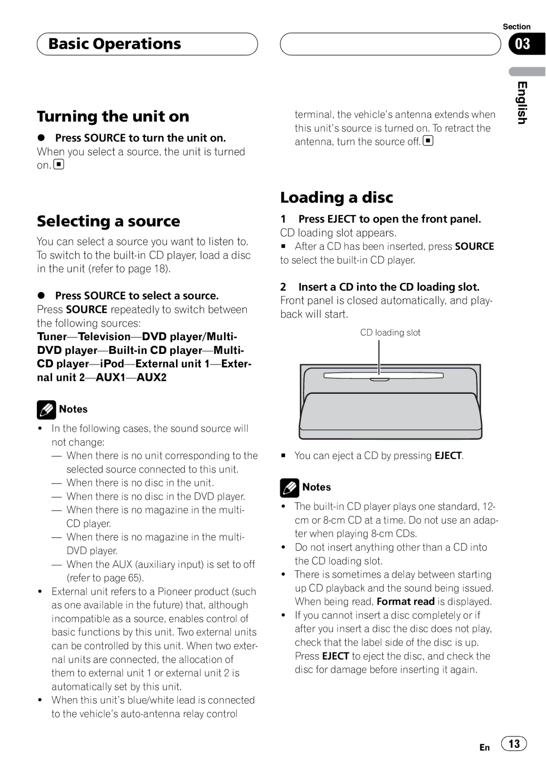 Pioneer DEH-P80RS operation manual Basic Operations Turning the unit on, Selecting a source, Loading a disc 