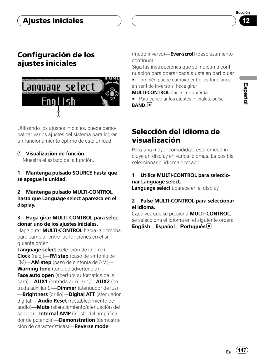 Pioneer DEH-P80RS Ajustes iniciales Configuración de los ajustes iniciales, Selección del idioma de visualización 