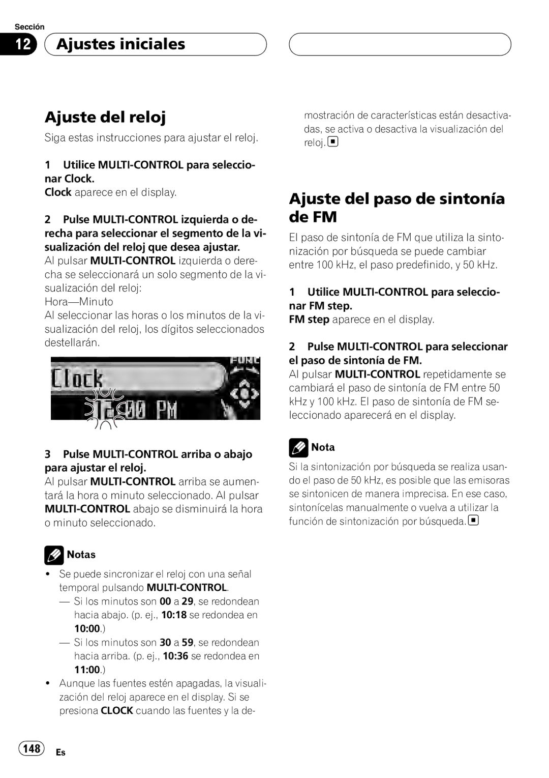 Pioneer DEH-P80RS operation manual Ajustes iniciales Ajuste del reloj, Ajuste del paso de sintonía de FM 