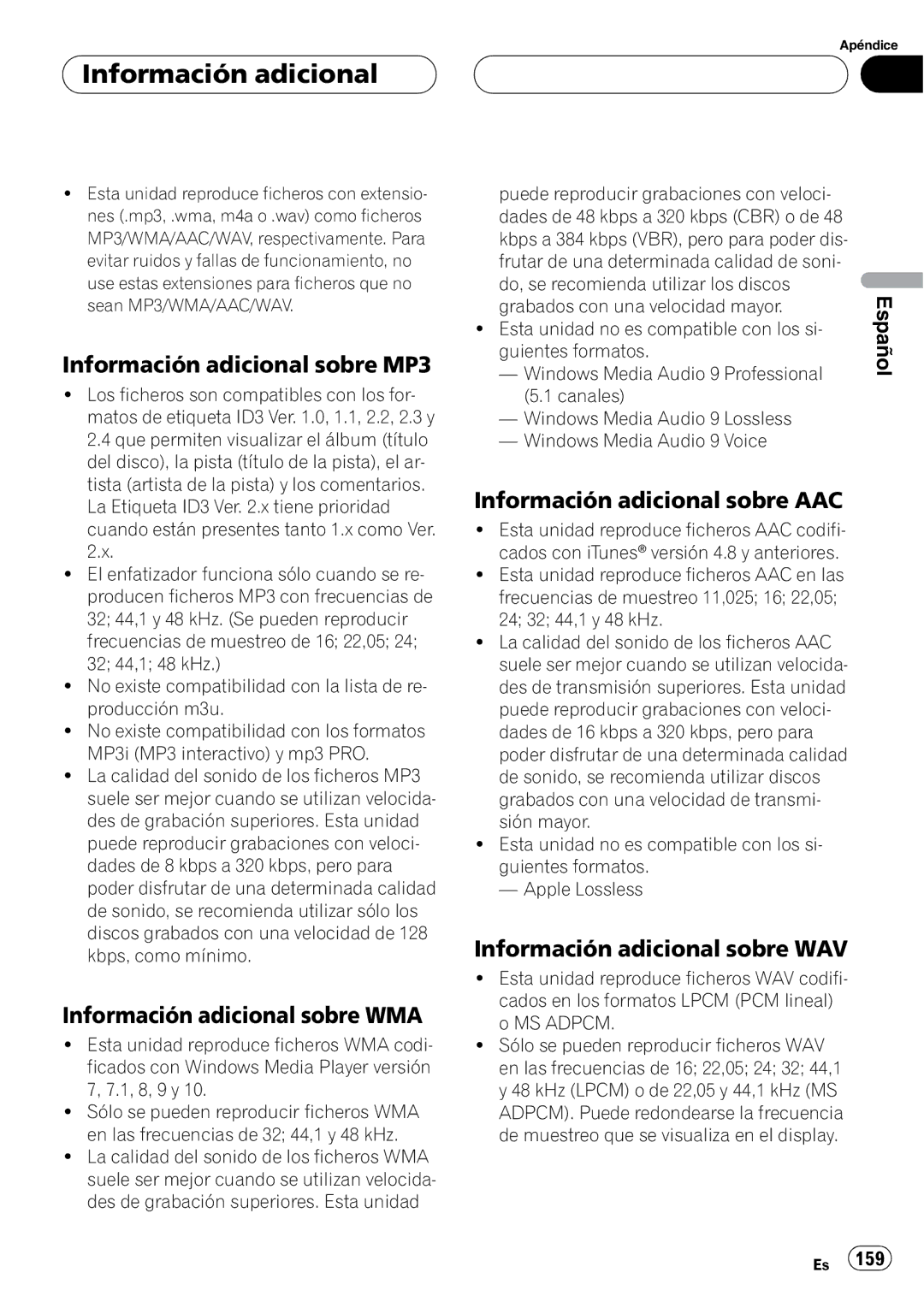 Pioneer DEH-P80RS Información adicional sobre MP3, Información adicional sobre WMA, Información adicional sobre AAC 