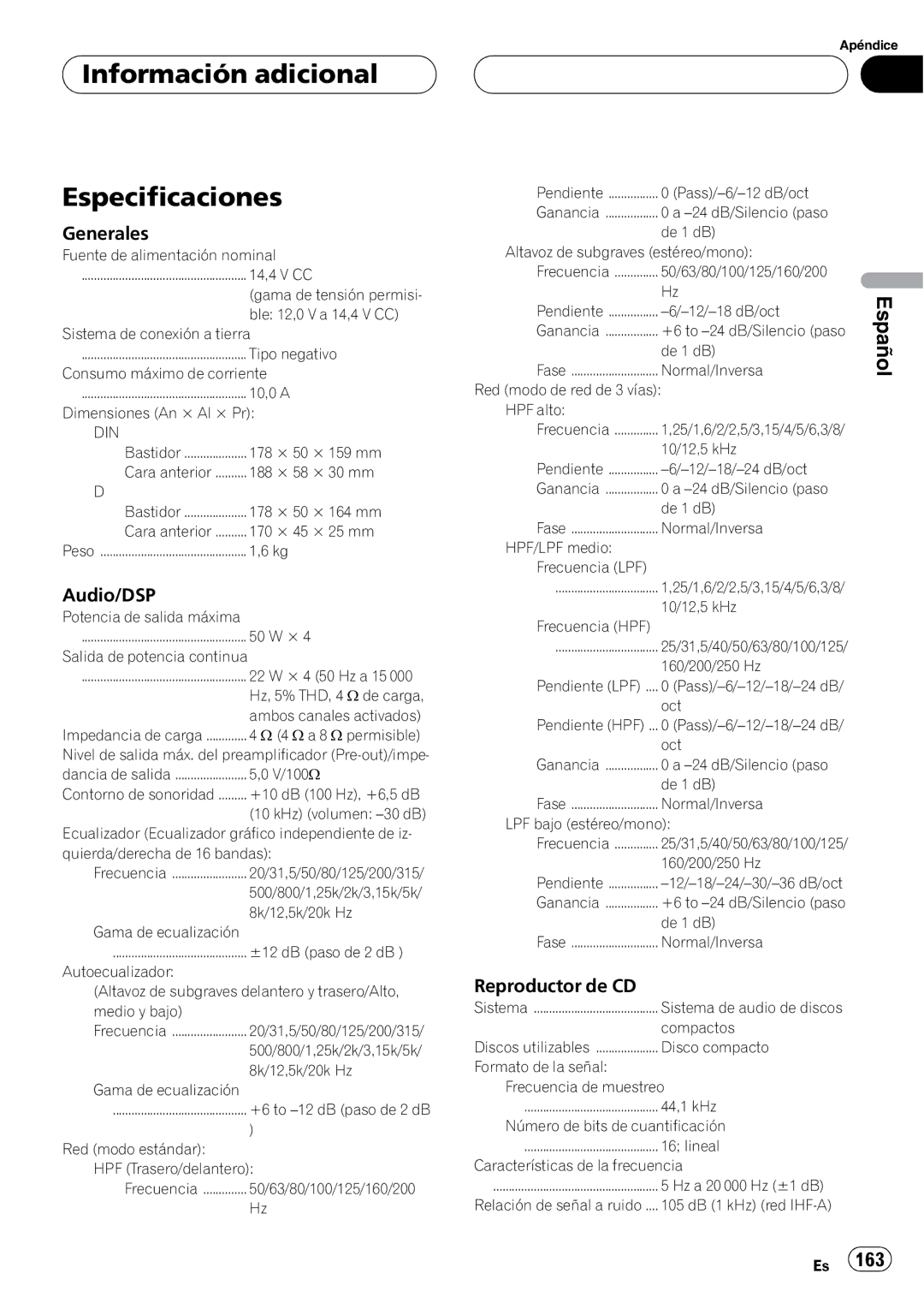 Pioneer DEH-P80RS operation manual Información adicional Especificaciones, Generales 