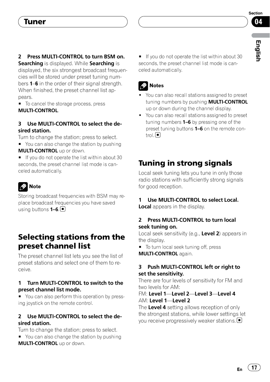 Pioneer DEH-P80RS operation manual Tuner, Selecting stations from the preset channel list, Tuning in strong signals 