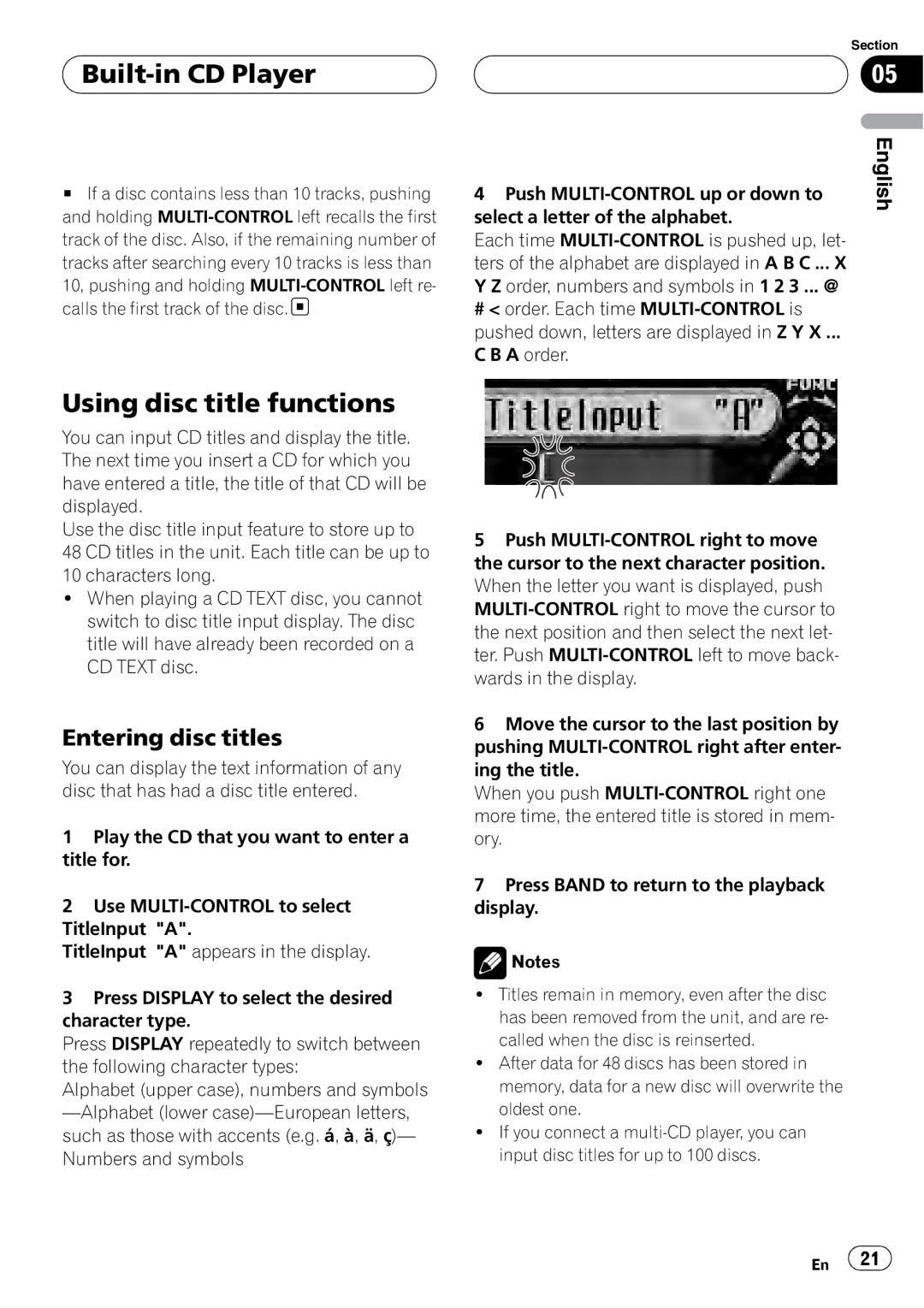 Pioneer DEH-P80RS operation manual Built-in CD Player, Using disc title functions, Entering disc titles 