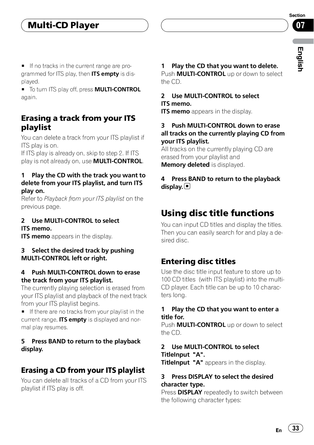 Pioneer DEH-P80RS operation manual Erasing a track from your ITS playlist, Erasing a CD from your ITS playlist 