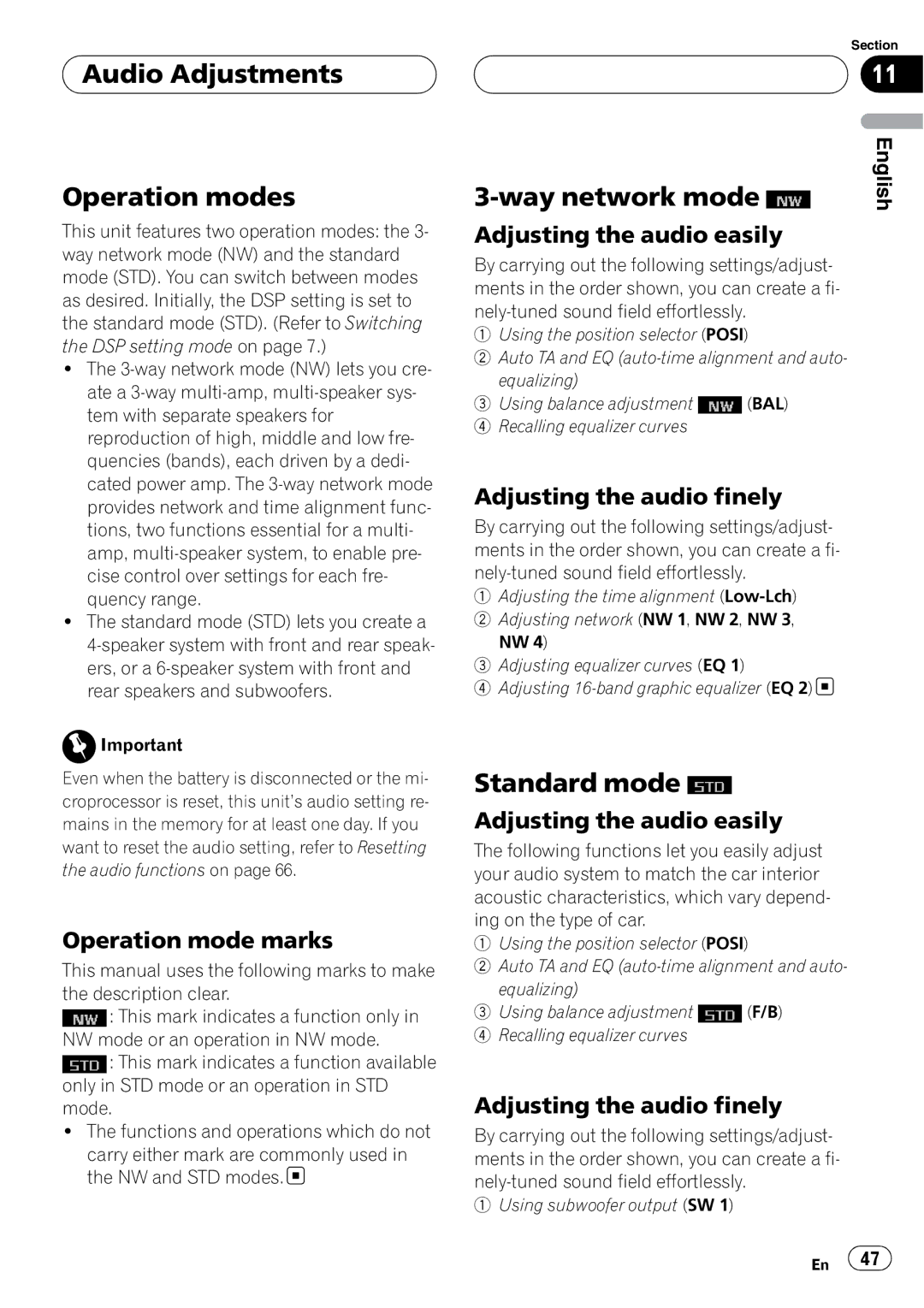 Pioneer DEH-P80RS operation manual Audio Adjustments Operation modes, Way network mode, Standard mode 