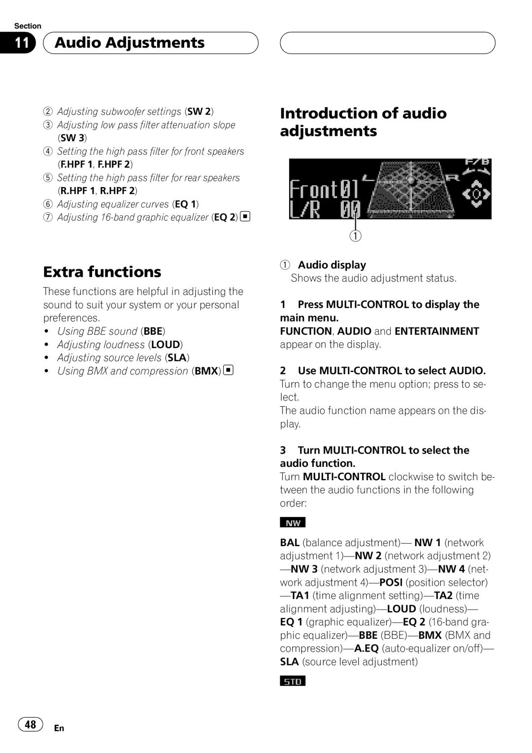 Pioneer DEH-P80RS operation manual Audio Adjustments, Extra functions, Introduction of audio adjustments 