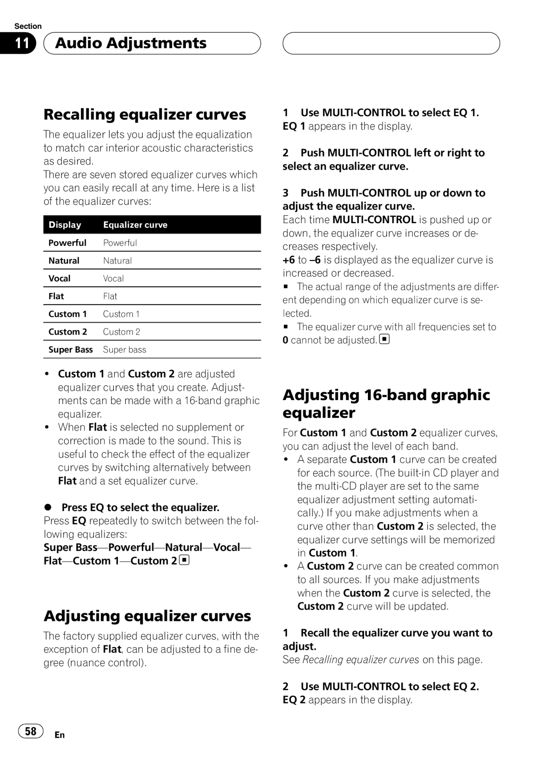 Pioneer DEH-P80RS operation manual Audio Adjustments Recalling equalizer curves, Adjusting equalizer curves 