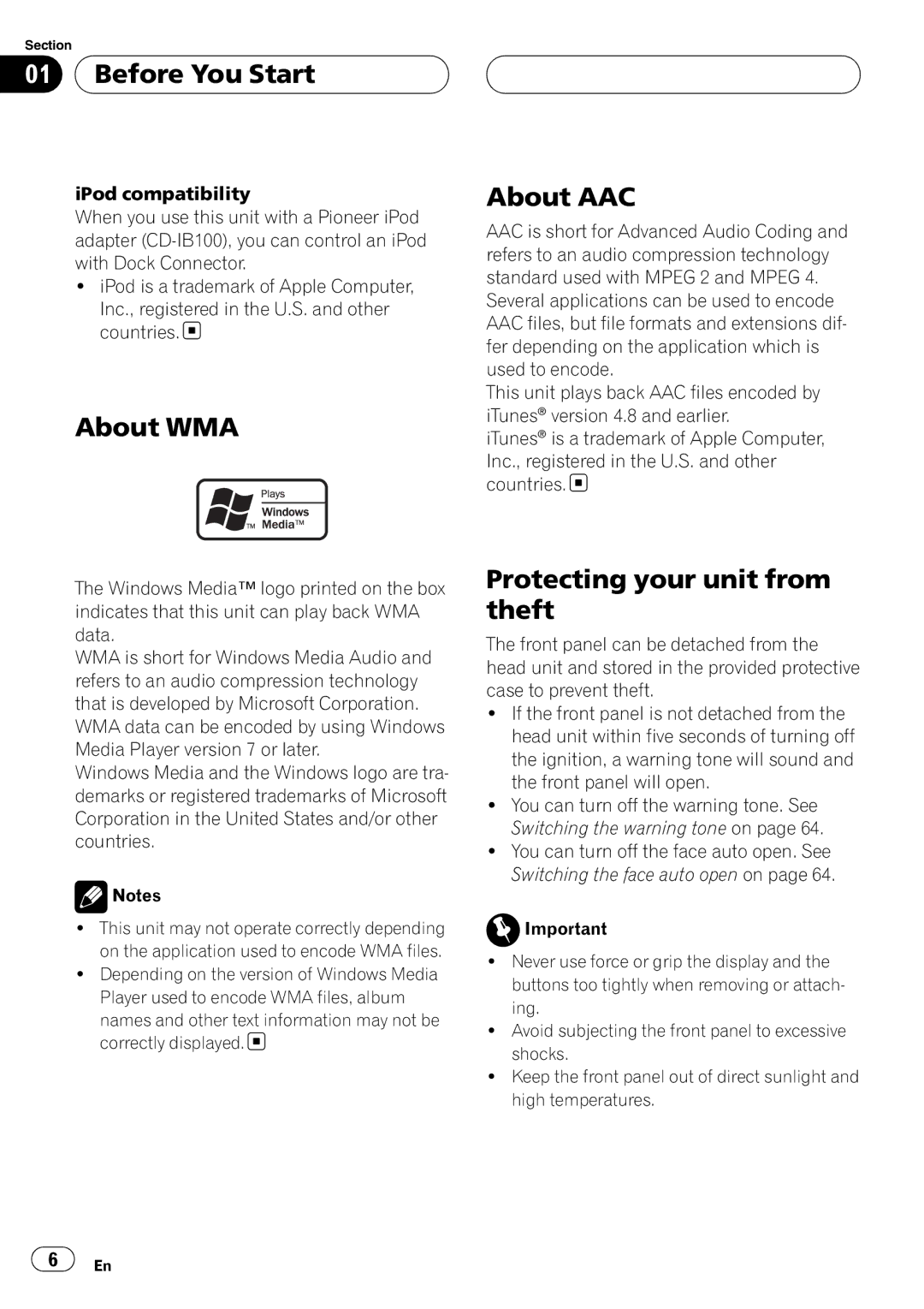 Pioneer DEH-P80RS operation manual Before You Start, About WMA, About AAC, Protecting your unit from theft 