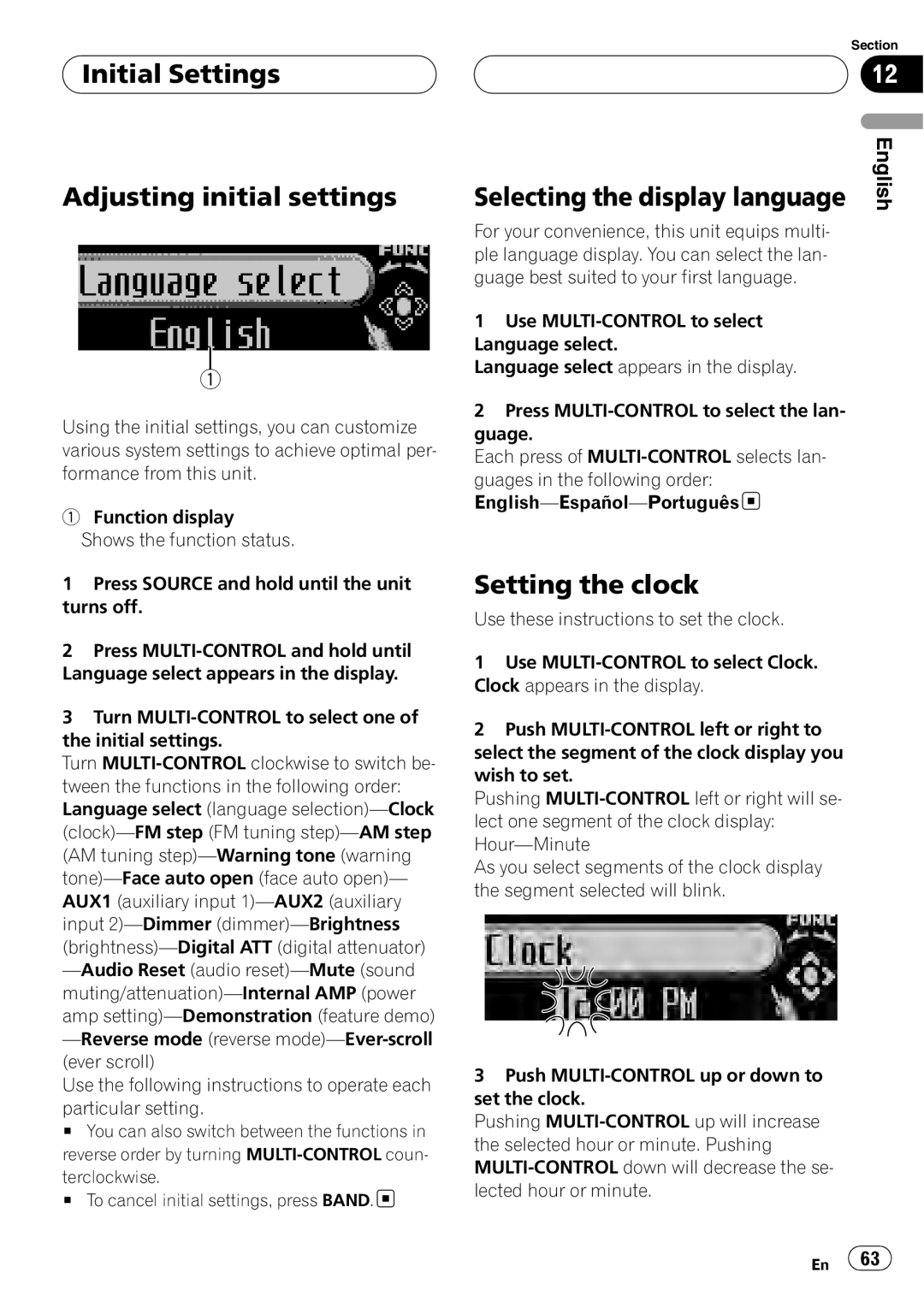 Pioneer DEH-P80RS Initial Settings Adjusting initial settings, Selecting the display language, Setting the clock 