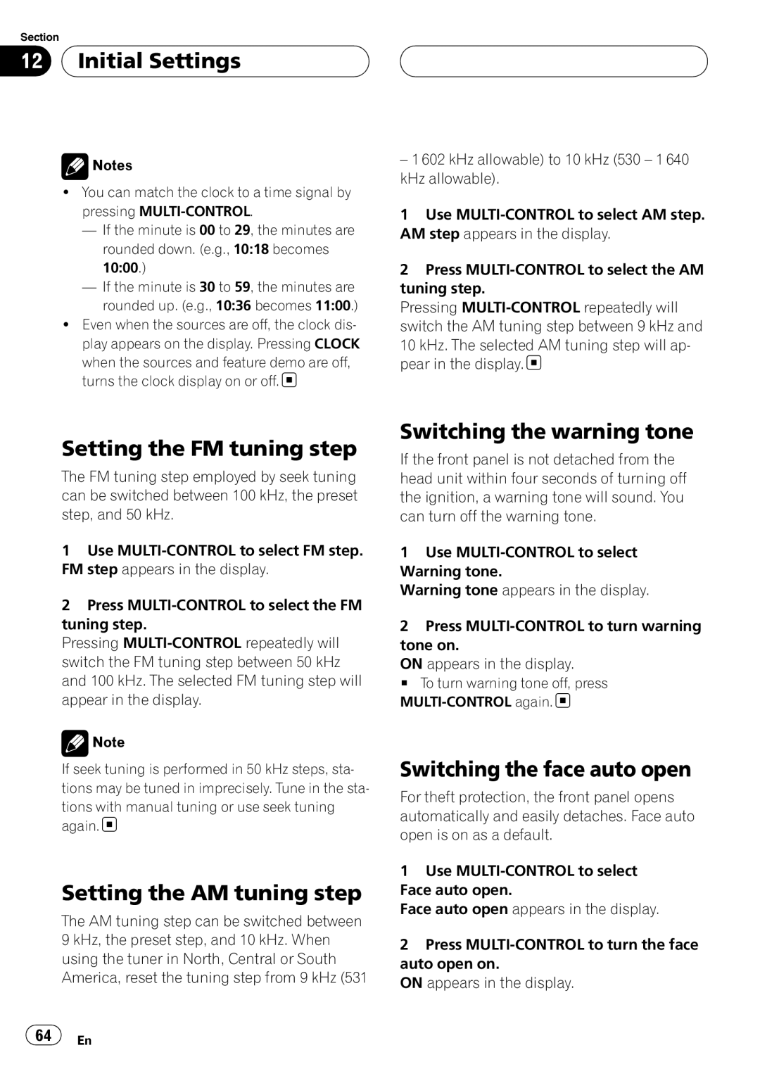 Pioneer DEH-P80RS Initial Settings, Setting the FM tuning step, Setting the AM tuning step, Switching the warning tone 