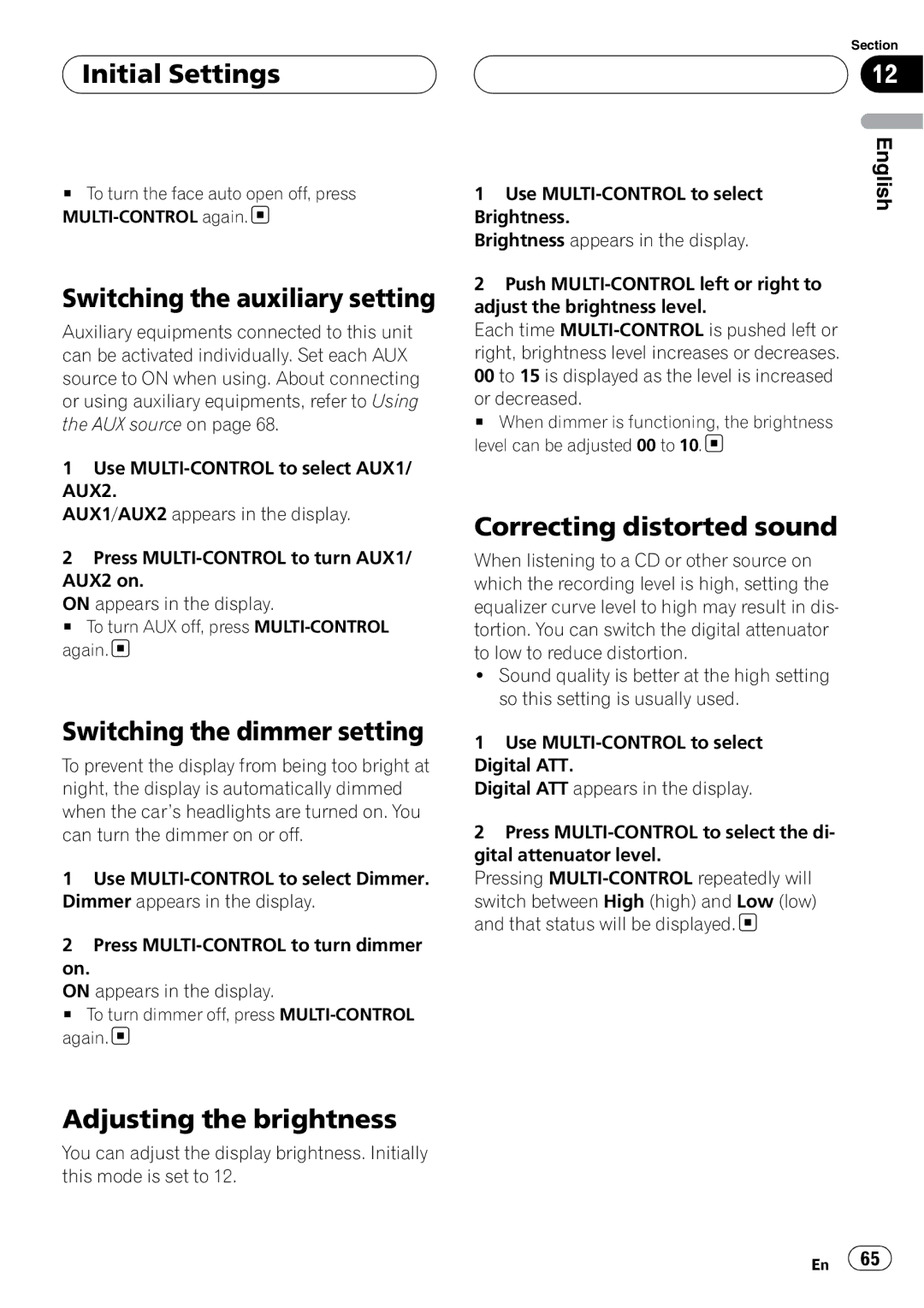 Pioneer DEH-P80RS operation manual Switching the auxiliary setting, Switching the dimmer setting, Adjusting the brightness 