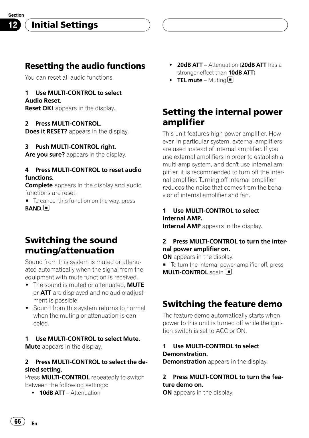 Pioneer DEH-P80RS operation manual Initial Settings Resetting the audio functions, Switching the sound muting/attenuation 