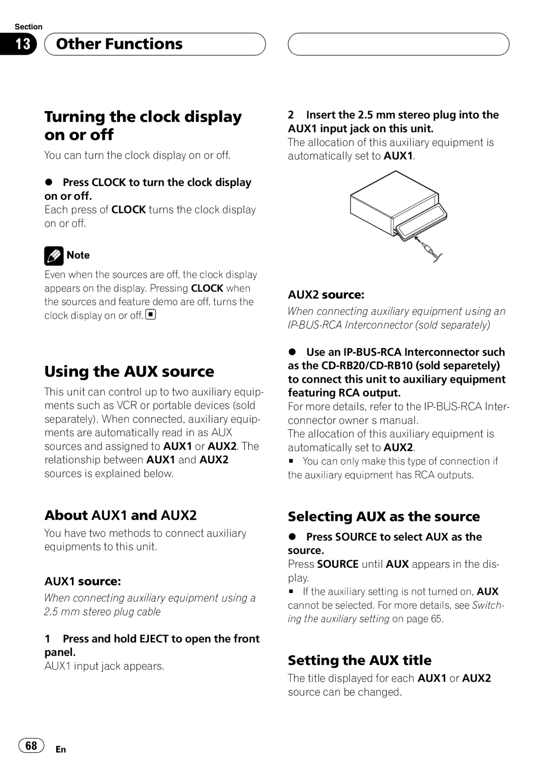 Pioneer DEH-P80RS Other Functions Turning the clock display on or off, Using the AUX source, About AUX1 and AUX2 