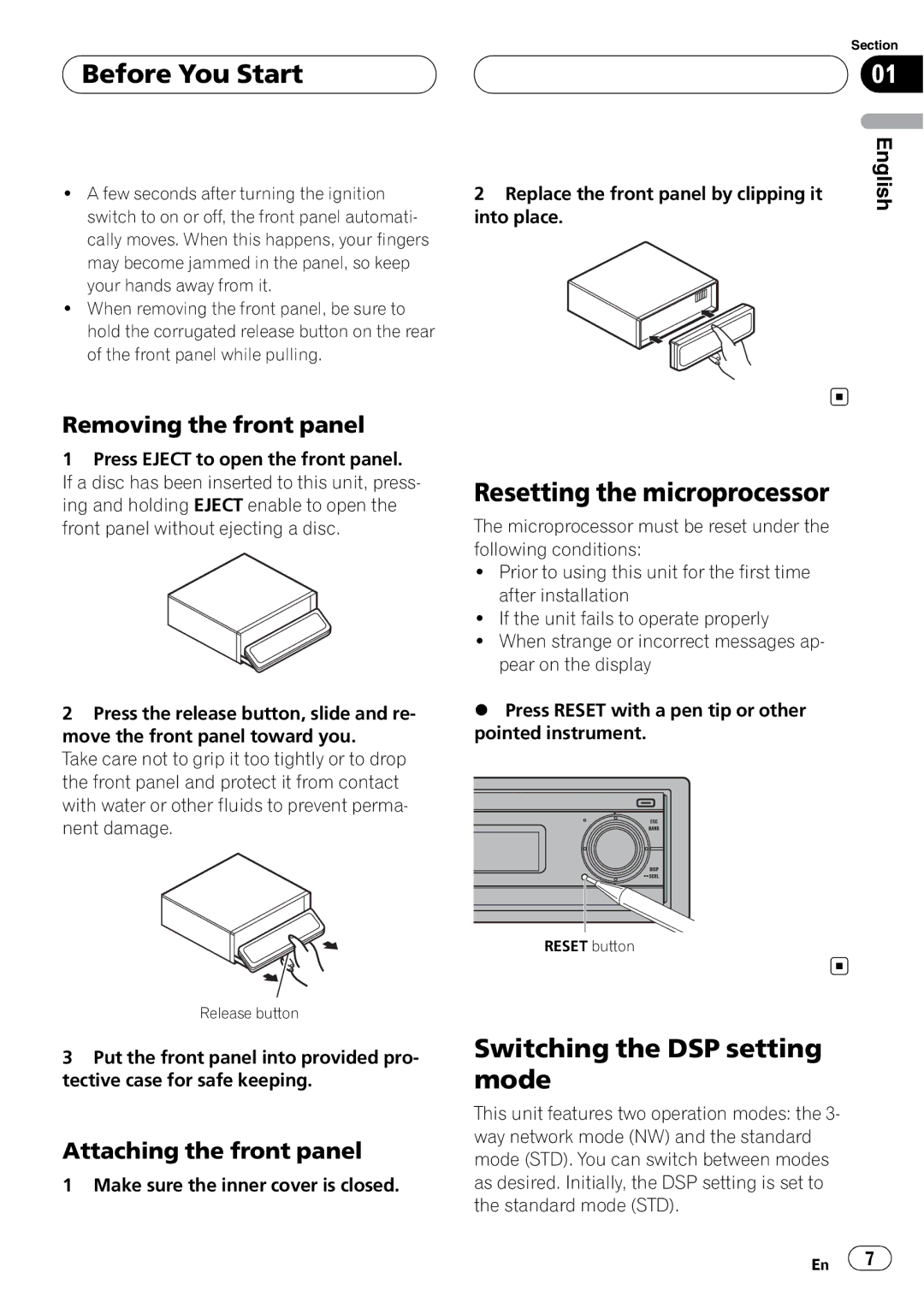 Pioneer DEH-P80RS operation manual Resetting the microprocessor, Switching the DSP setting mode, Removing the front panel 