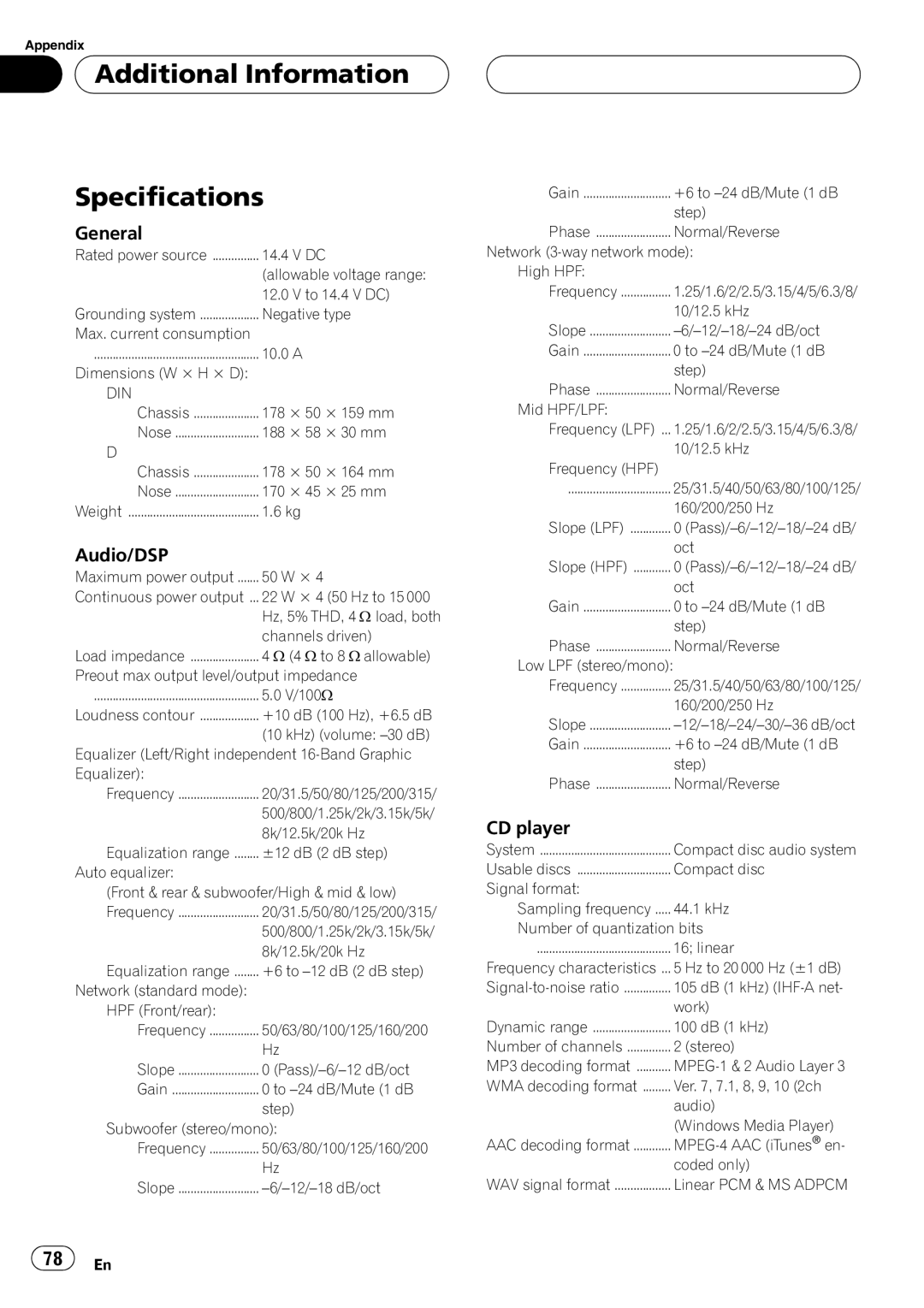 Pioneer DEH-P80RS operation manual Additional Information Specifications, General 