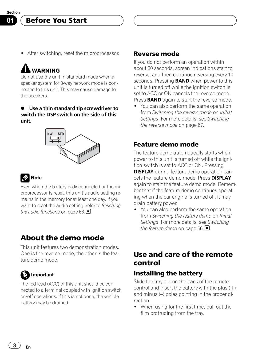 Pioneer DEH-P80RS operation manual About the demo mode, Use and care of the remote control, Reverse mode, Feature demo mode 