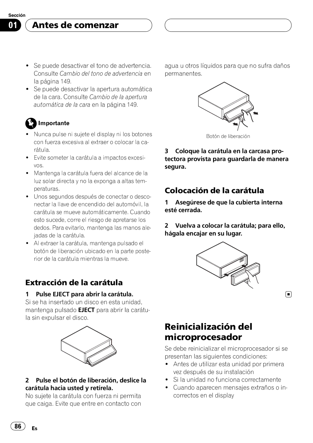 Pioneer DEH-P80RS Reinicialización del microprocesador, Extracción de la carátula, Colocación de la carátula 