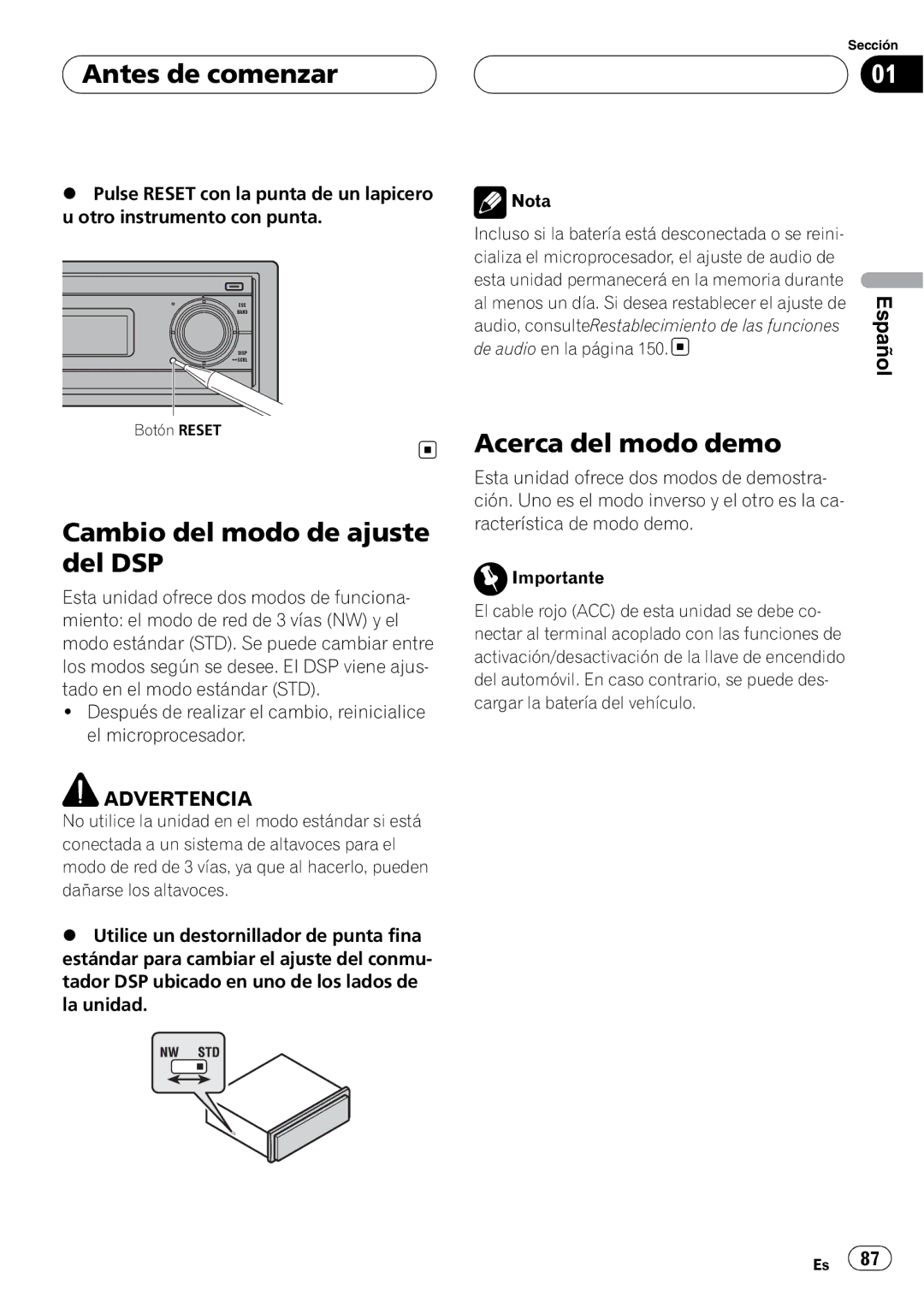 Pioneer DEH-P80RS operation manual Cambio del modo de ajuste del DSP, Acerca del modo demo 