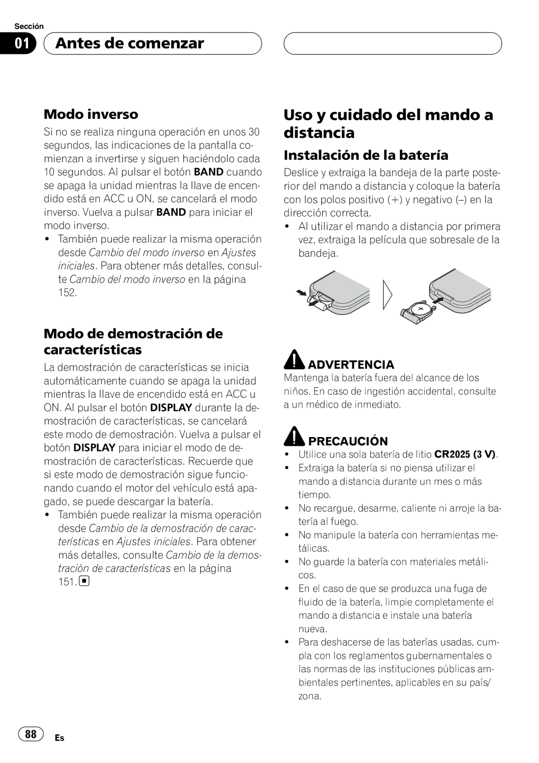 Pioneer DEH-P80RS operation manual Uso y cuidado del mando a distancia, Modo inverso, Instalación de la batería 