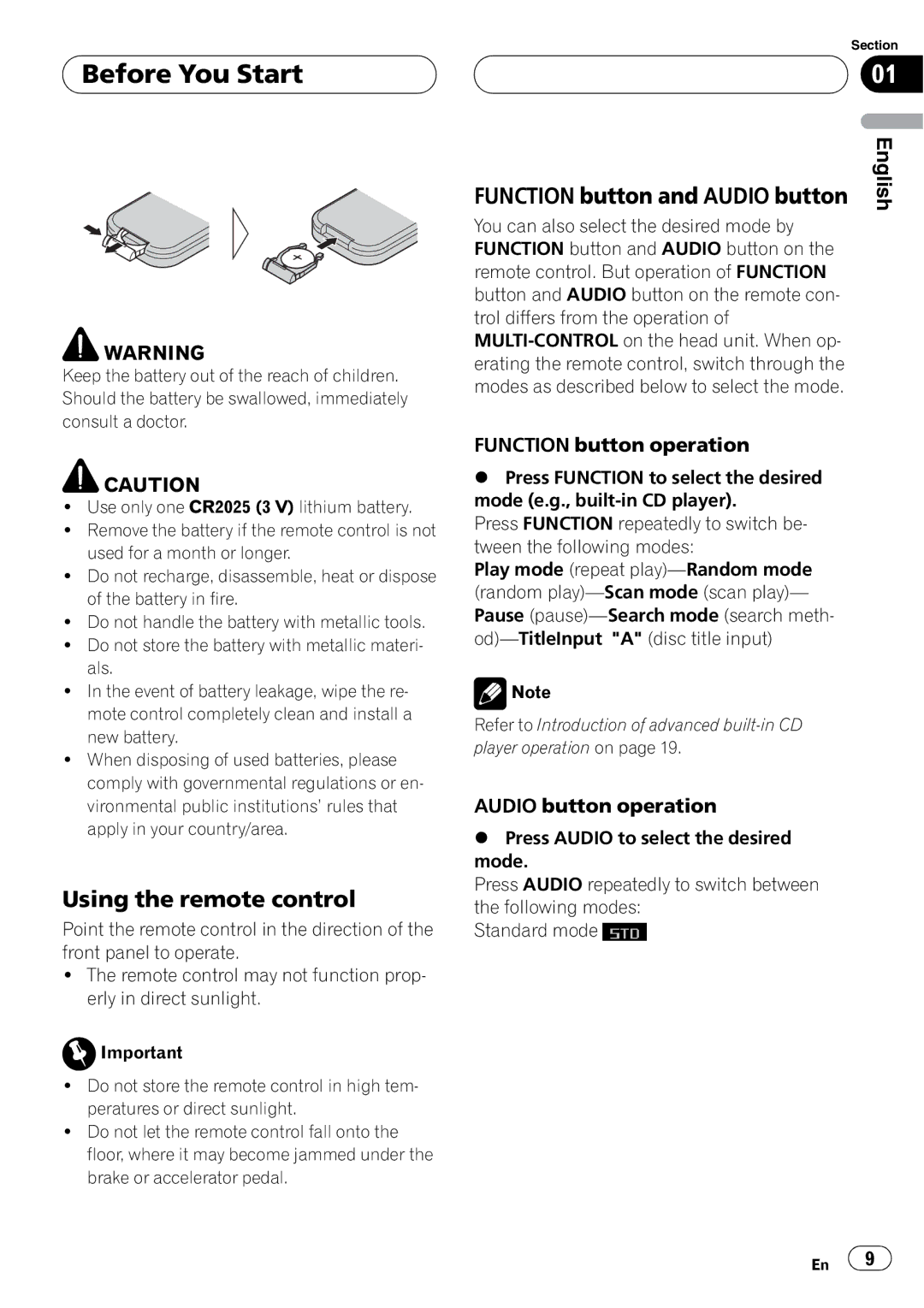 Pioneer DEH-P80RS operation manual Using the remote control, Function button and Audio button 