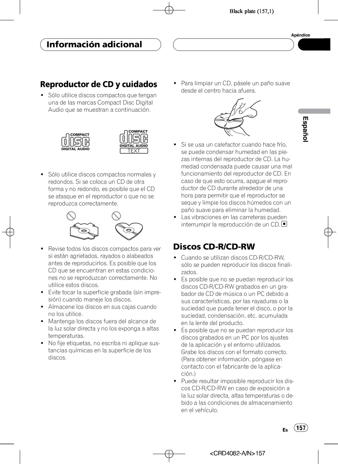 Pioneer DEH-P80RS Reproductor de CD y cuidados, Discos CD-R/CD-RW, Black plate 157,1, Información adicional, Español 